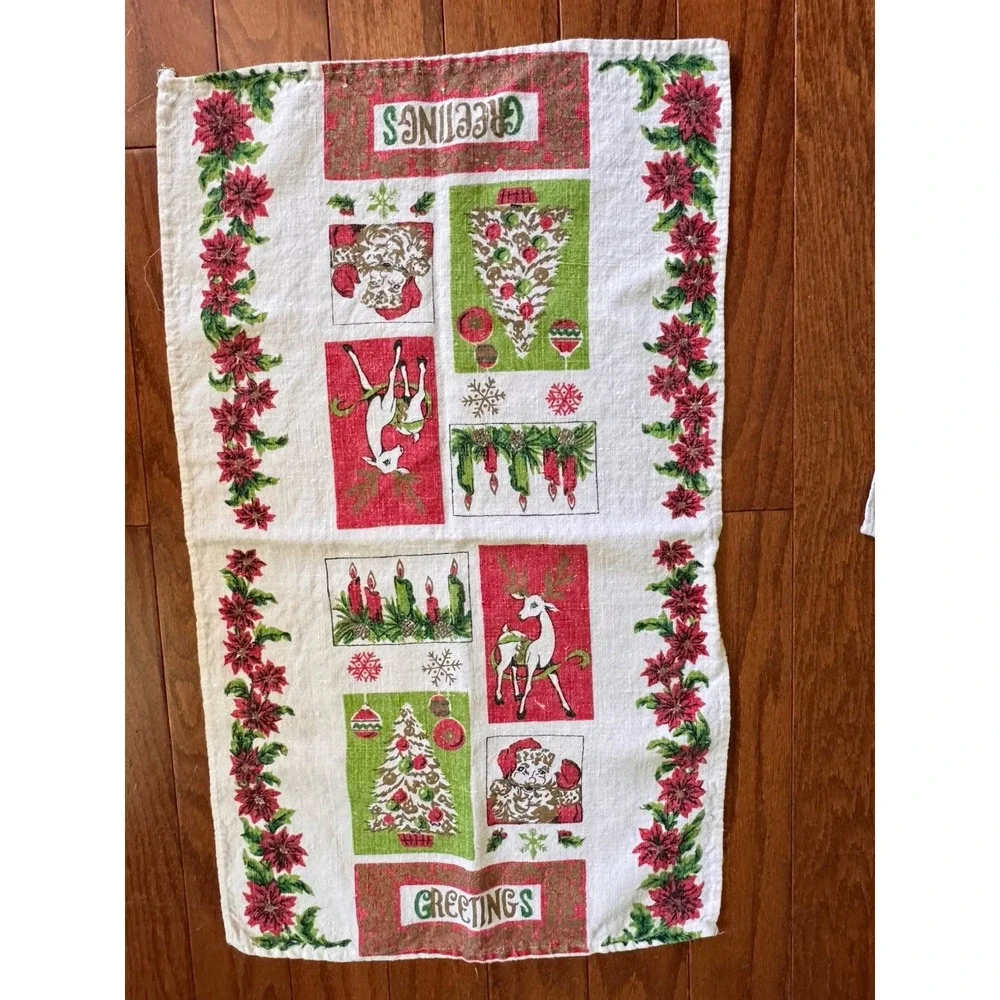 2 Vintage Stamped Linen Christmas Tea Towels Santa Reindeer Tree Greetings Music